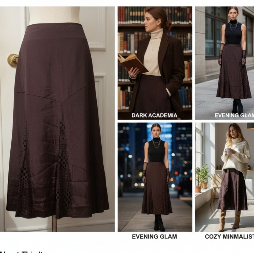 Elegant Mellow Tonal Pattern Midi Skirt - Sophisticated Brown Satin-Finish - L
